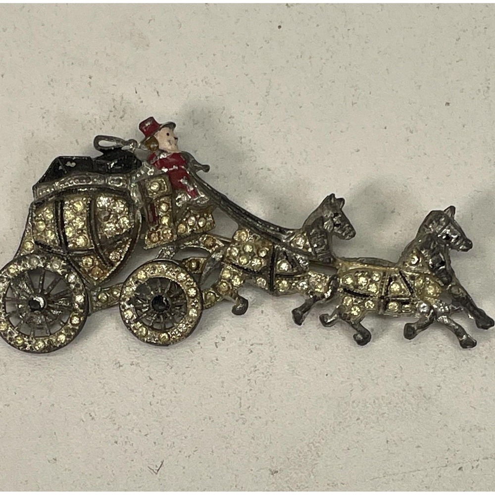 Vintage Spinning Wheels Carriage Brooch Rhinestone Enamel Horse‎ Coach Pin